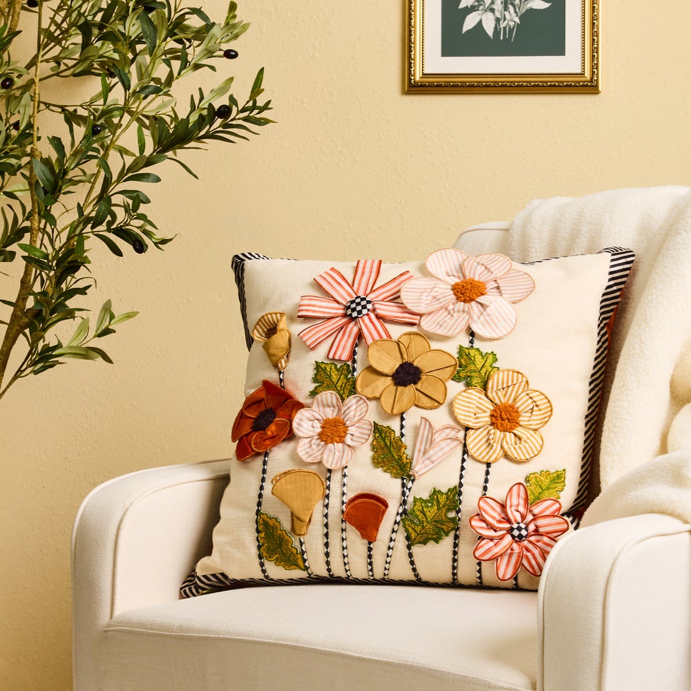 MacKenzie-Childs Stripe Flowers Throw Pillow