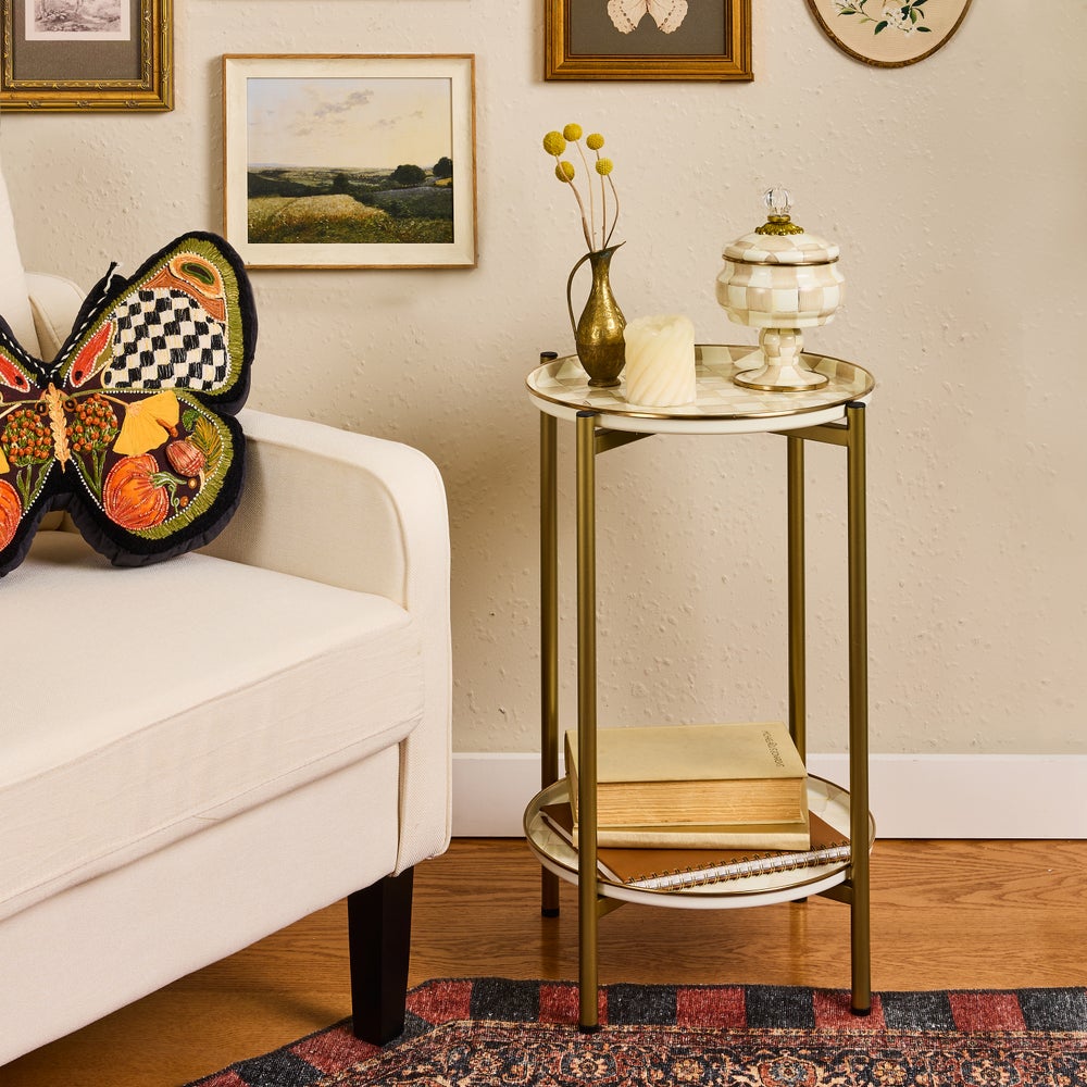 MacKenzie-Childs Enamel 2 Tier Cocktail Table, Mocha Check