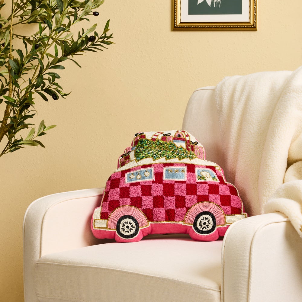 MacKenzie-Childs Holiday Bus Shaped Throw Pillow