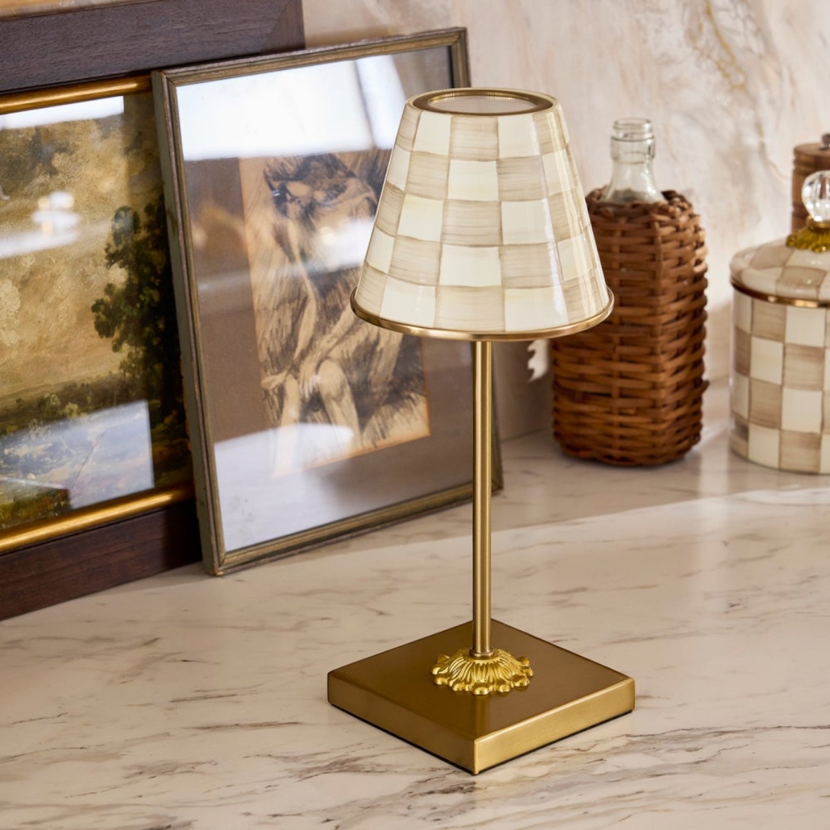 MacKenzie-Childs LED Rechargable Cafe Table Lamp, Mocha Check