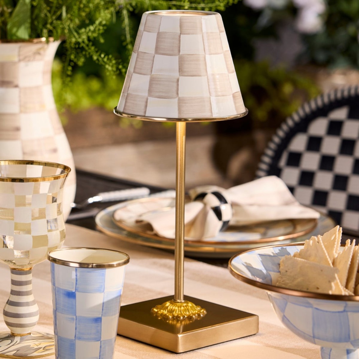 MacKenzie-Childs LED Rechargable Cafe Table Lamp, Mocha Check