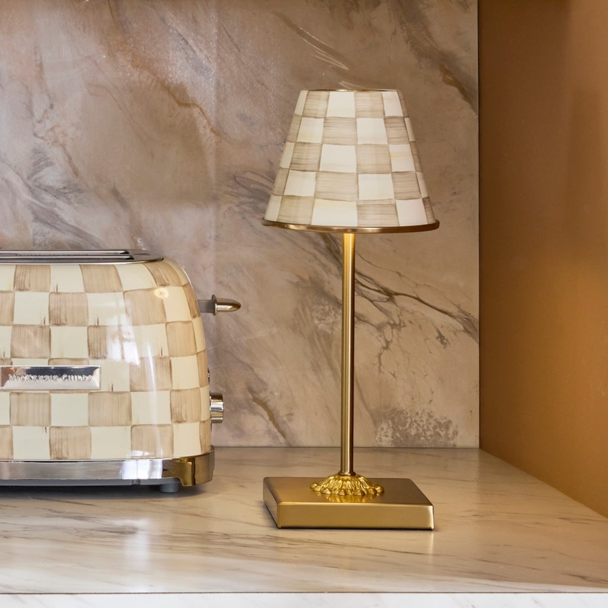 MacKenzie-Childs LED Rechargable Cafe Table Lamp, Mocha Check