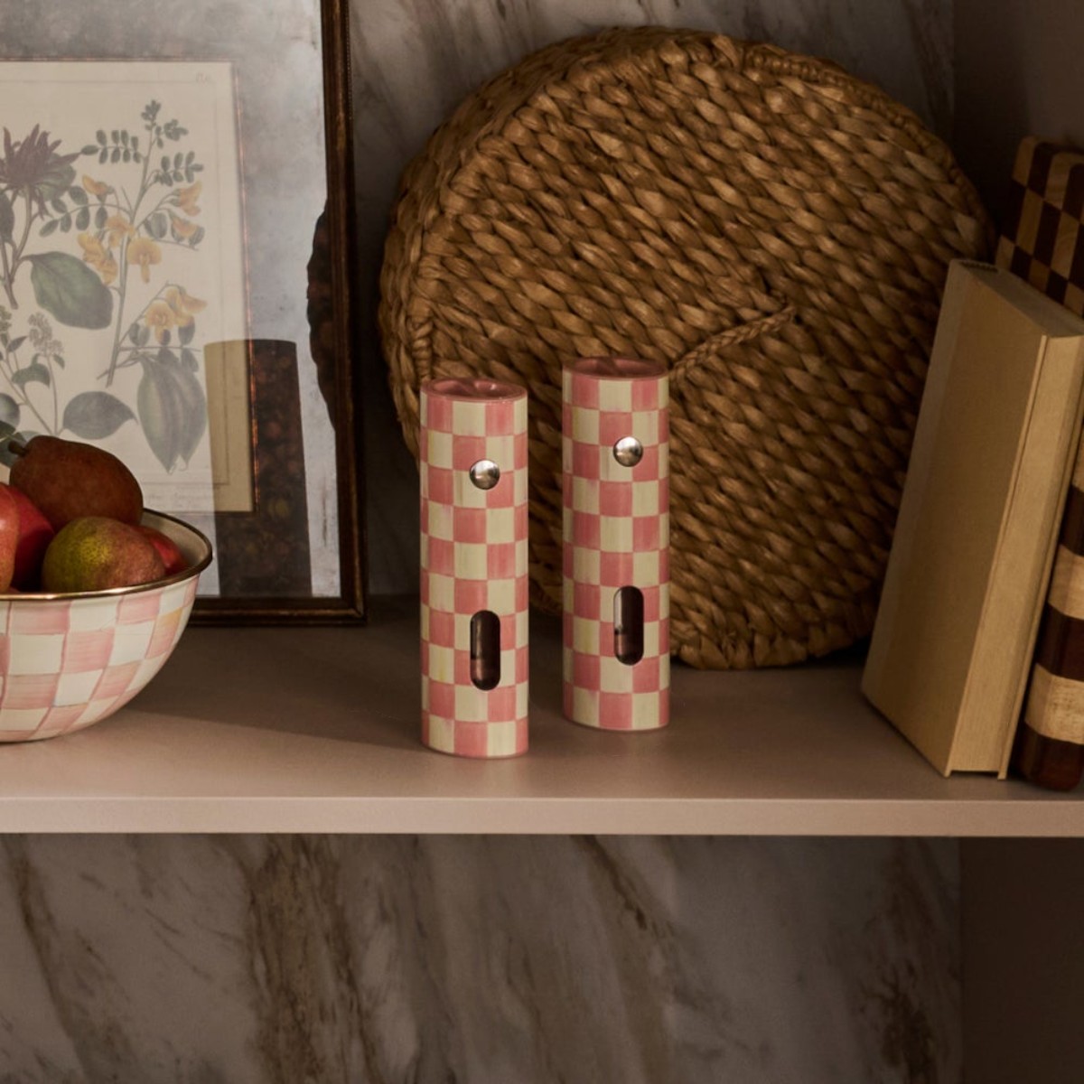 MacKenzie-Childs Electric Salt and Pepper Grinder Set, Rosy Check