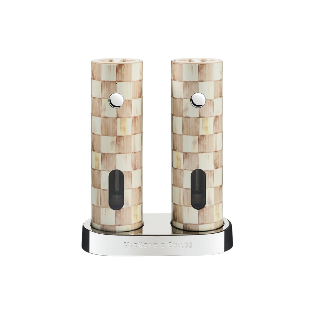 MacKenzie-Childs Electric Salt and Pepper Grinder Set, Mocha Check