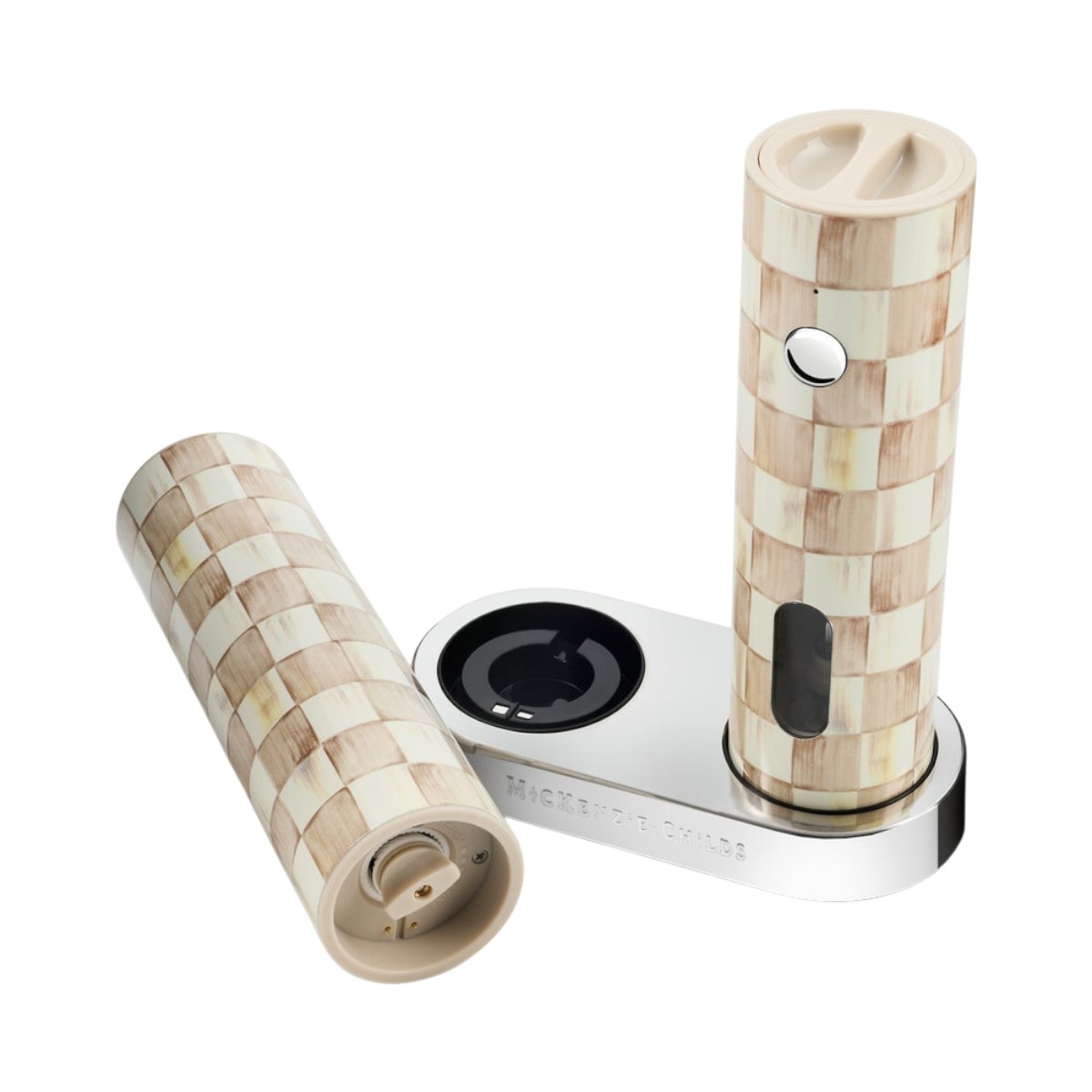 MacKenzie-Childs Electric Salt and Pepper Grinder Set, Mocha Check