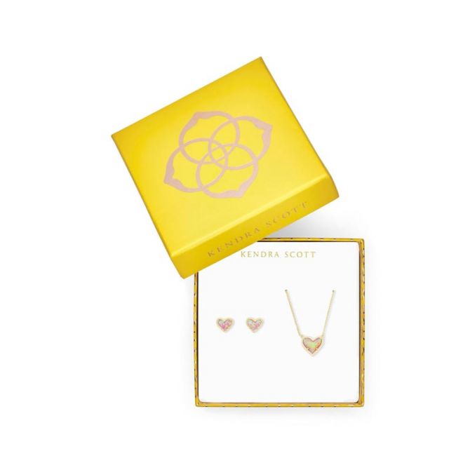 Kendra Scott Ari Heart Necklace & Earrings Gift Set in Light Pink Kyocera Opal