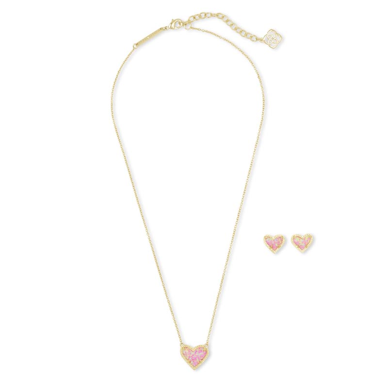 Kendra Scott Ari Heart Necklace & Earrings Gift Set in Light Pink Kyocera Opal