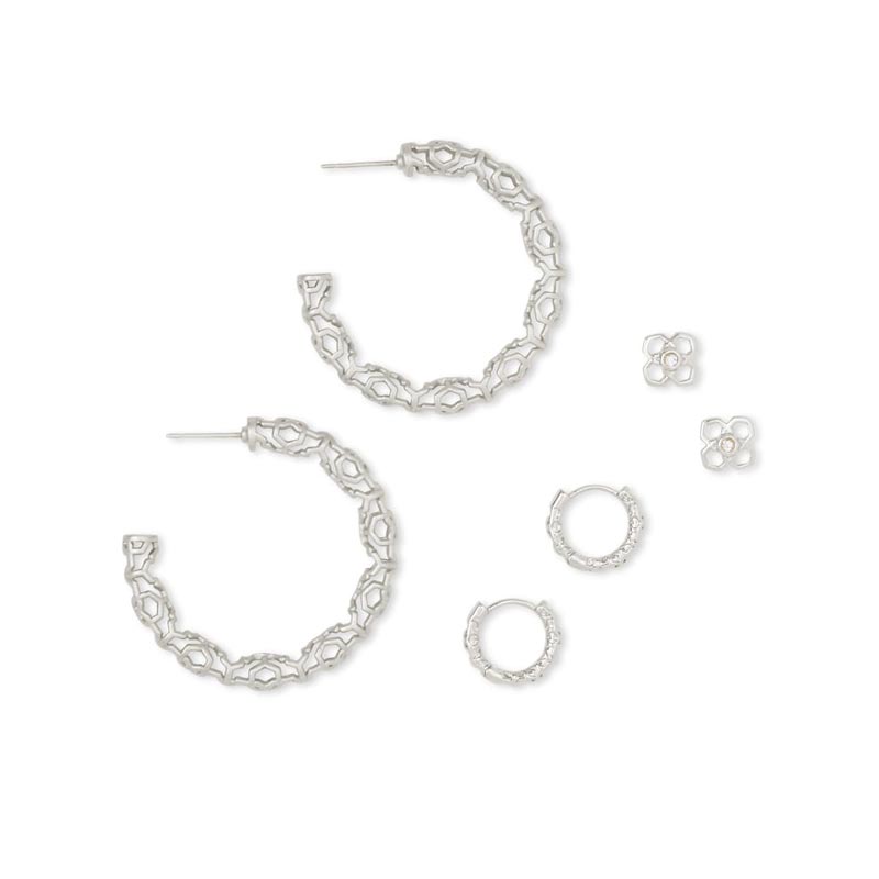 Kendra Scott Maggie Small Hoops, Huggies & Rue Studs Gift Set in Silver Tone