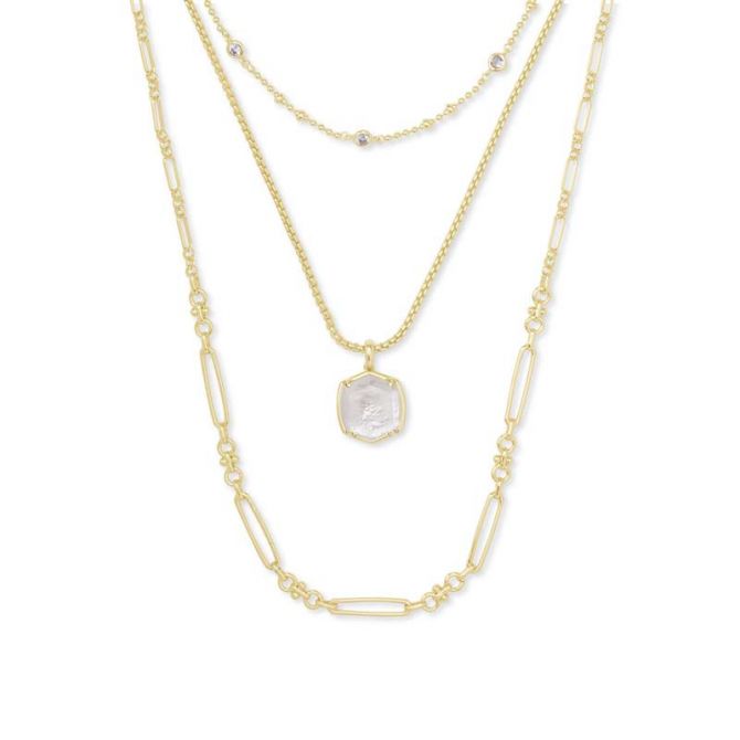 Kendra Scott Davis Gold Tone Triple Strand Necklace in Ivory Mother of Pearl