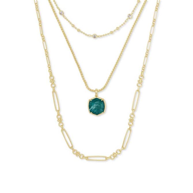 Kendra Scott Davis Gold Tone Triple Strand Necklace in Dark Teal Amazonite