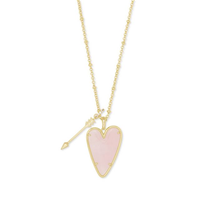 Kendra Scott Ansley Heart Gold Tone Long Pendant Necklace In Rose Quartz