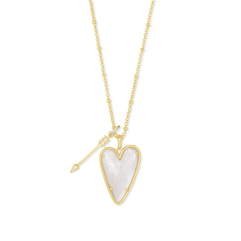 Kendra Scott Ansley Heart Gold Tone Long Pendant Necklace in Ivory Mother of Pearl
