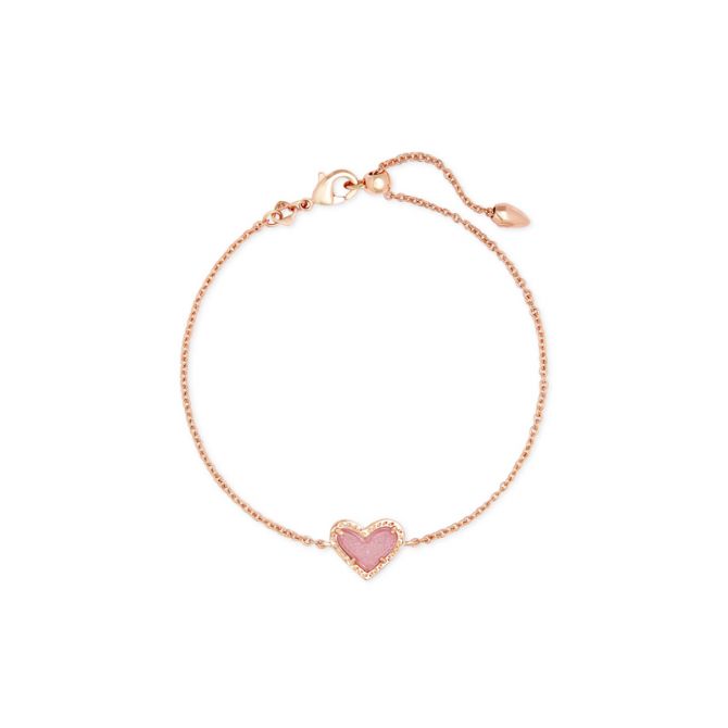 Kendra Scott Ari Heart Rose Gold Tone Chain Bracelet in Light Pink Drusy