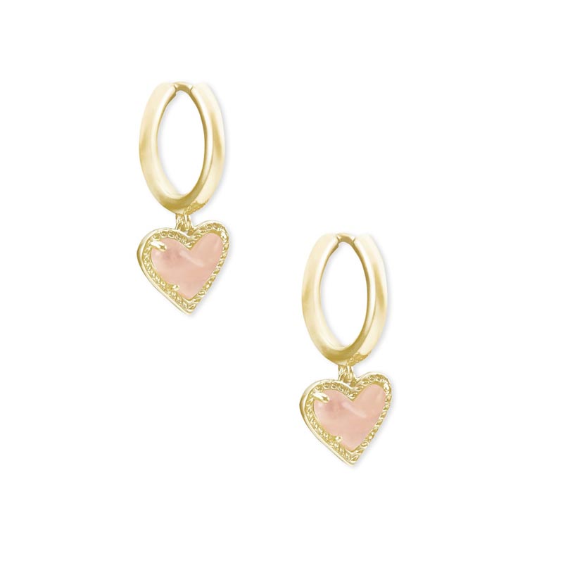 Kendra Scott Ari Heart Gold Tone Huggie Earrings in Rose Quartz