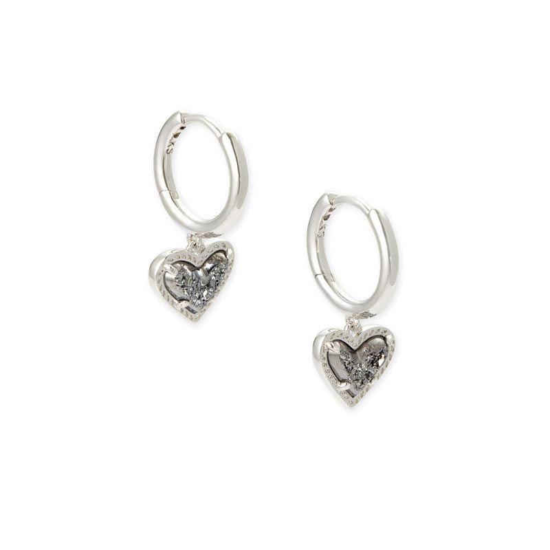 Kendra Scott Ari Heart Silver Tone  Huggie Earrings in Platinum Drusy