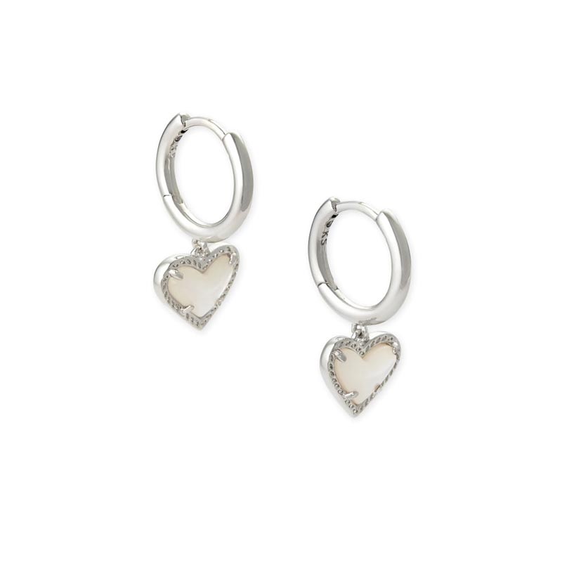 Kendra Scott Ari Heart Silver Tone  Huggie Earrings in Ivory Mother Of Pearl