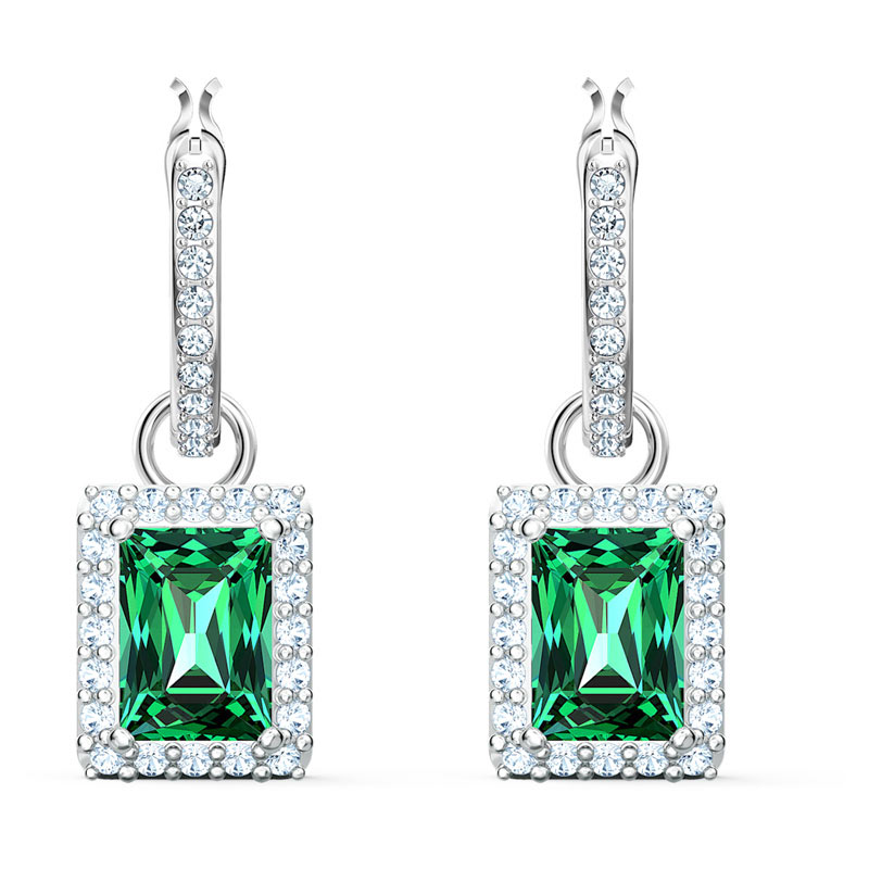 Swarovski Angelic Rectangular Pierced Earrings, Green and Silver Tone