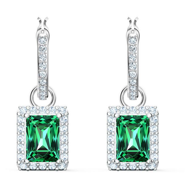 Swarovski Angelic Rectangular Pierced Earrings, Green and Silver Tone