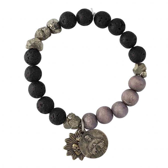 Miracle Icons by Mary Jo Pane Lava, Grey Wood and Pyrite Bracelet, 10mm