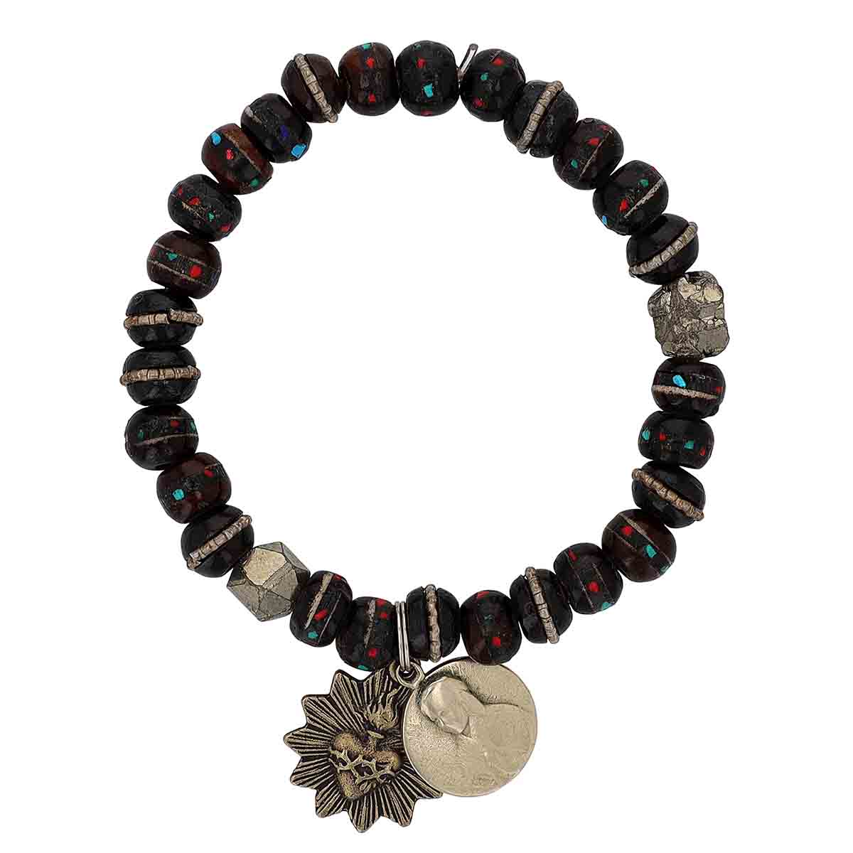 Miracle Icons by Mary Jo Pane Brown Inlay Beads with Pyrite Bracelet, 8mm