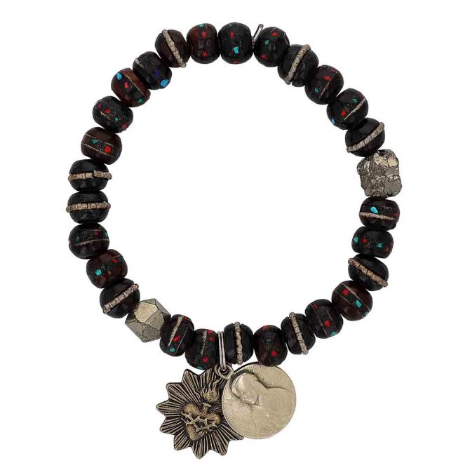Miracle Icons by Mary Jo Pane Brown Inlay Beads with Pyrite Bracelet, 8mm