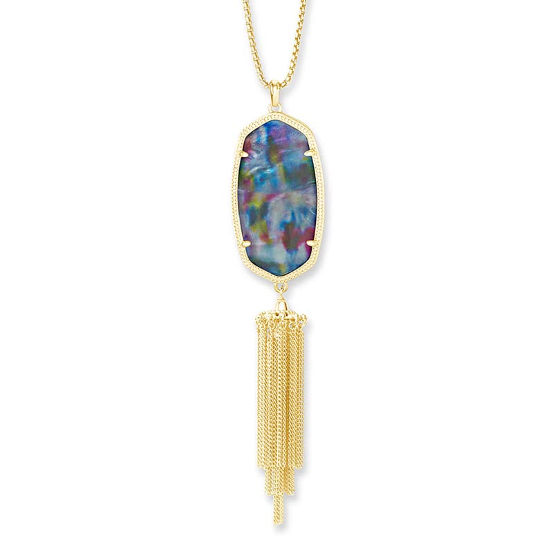 Kendra Scott Rayne Gold Tone Long Pendant Necklace in Teal Tie Dye Illusion