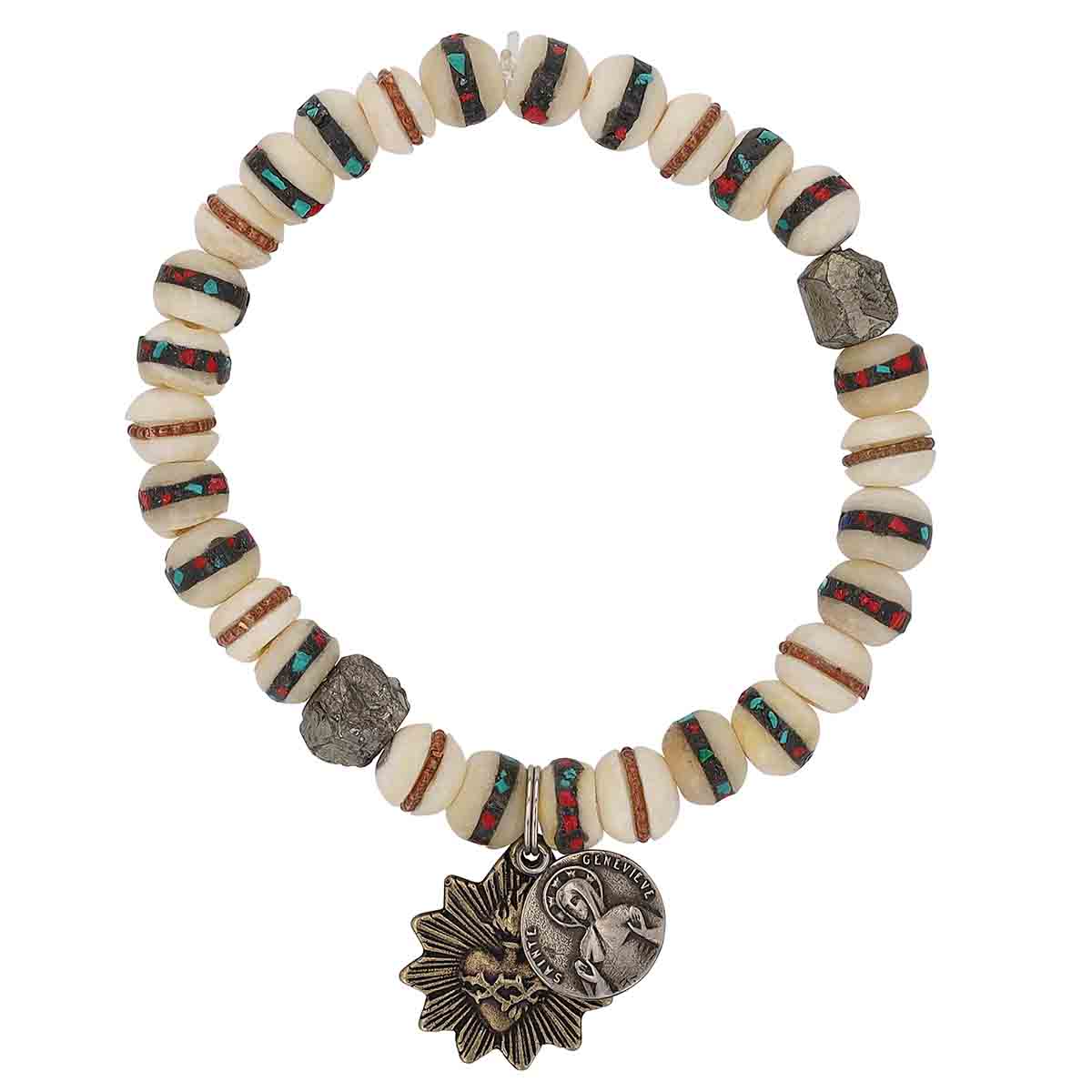 Miracle Icons by Mary Jo Pane Cream Inlay Beads with Pyrite Bracelet, 8mm