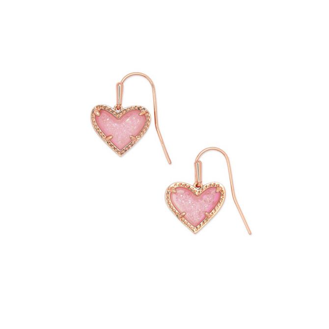 Kendra Scott Ari Heart Rose Gold Tone Drop Earrings in Light Pink Drusy