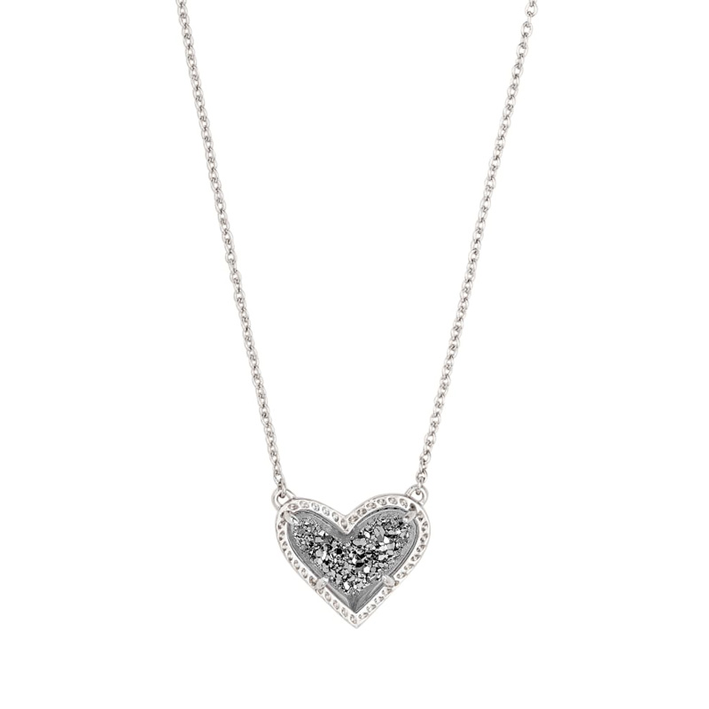Kendra Scott Ari Heart Silver Tone Pendant Necklace in Platinum Drusy