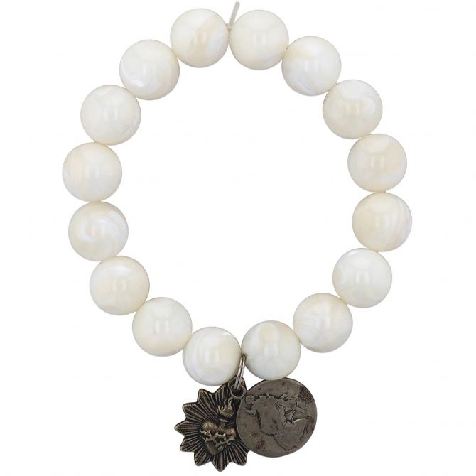 Miracle Icons by Mary Jo Pane White Mother of Pearl 12mm Beaded Bracelet
