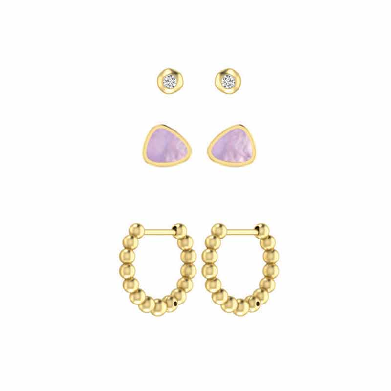 Kendra Scott Ivy Gold Tone Huggie Stud Earrings in Lilac Mother of Pearl, Set of 3