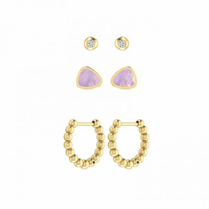 Kendra Scott Ivy Gold Tone Huggie Stud Earrings in Lilac Mother of Pearl, Set of 3