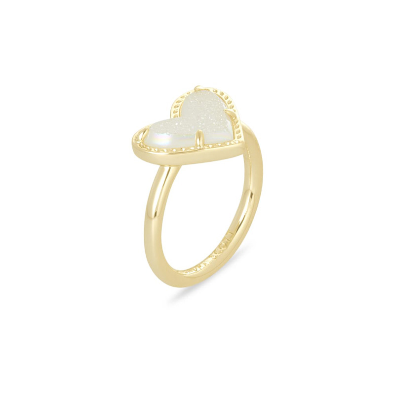 Kendra Scott Ari Heart Gold Tone Band Ring in Iridescent Drusy, Size 6