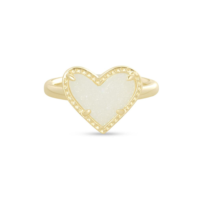 Kendra Scott Ari Heart Gold Tone Band Ring in Iridescent Drusy, Size 6