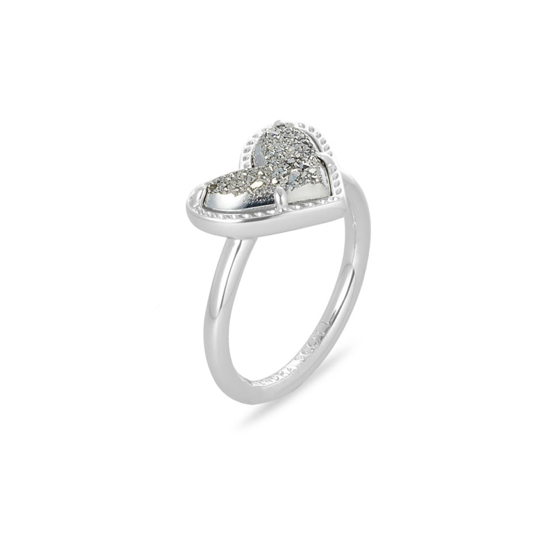 Kendra Scott Ari Heart Silver Band Ring in Platinum Drusy, Size 6
