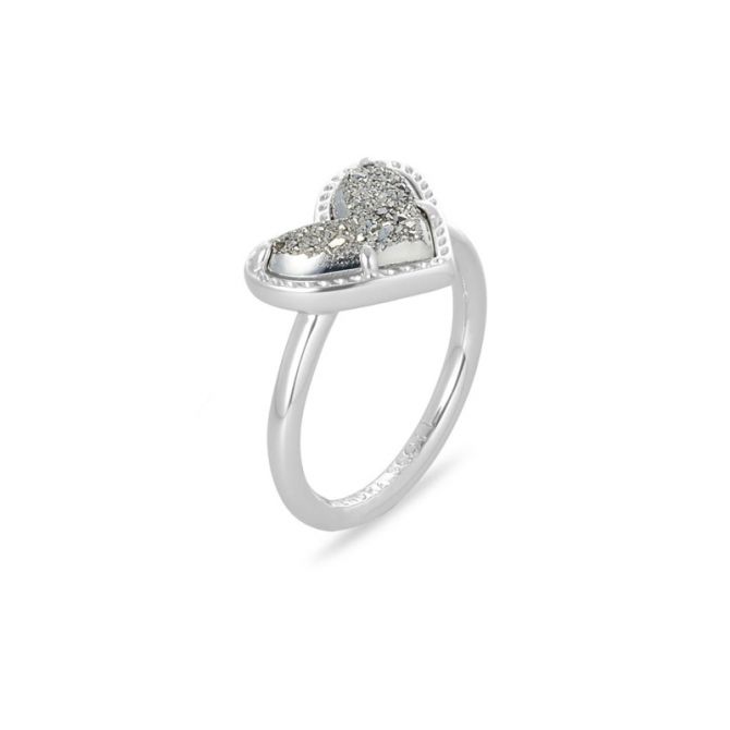 Kendra Scott Ari Heart Silver Band Ring in Platinum Drusy, Size 6