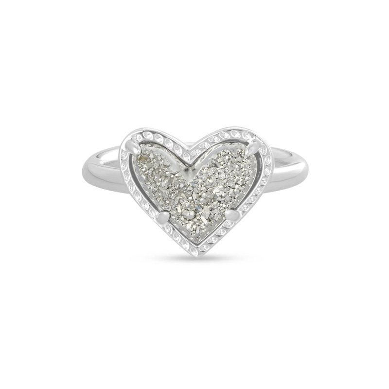 Kendra Scott Ari Heart Silver Band Ring in Platinum Drusy, Size 6