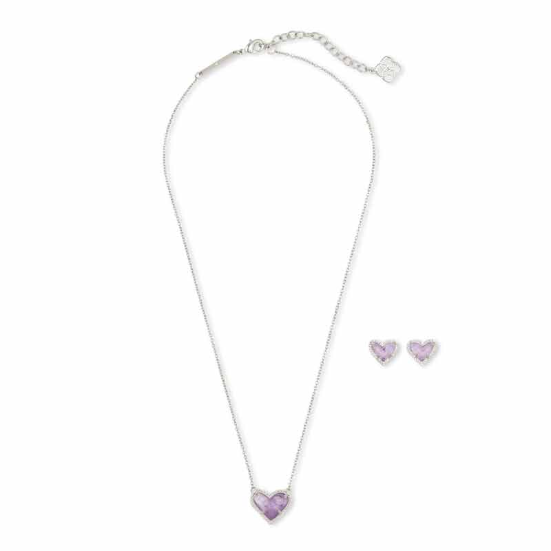 Kendra Scott Ari Silver Tone Heart Pendant and Stud Gift Set in Amethyst