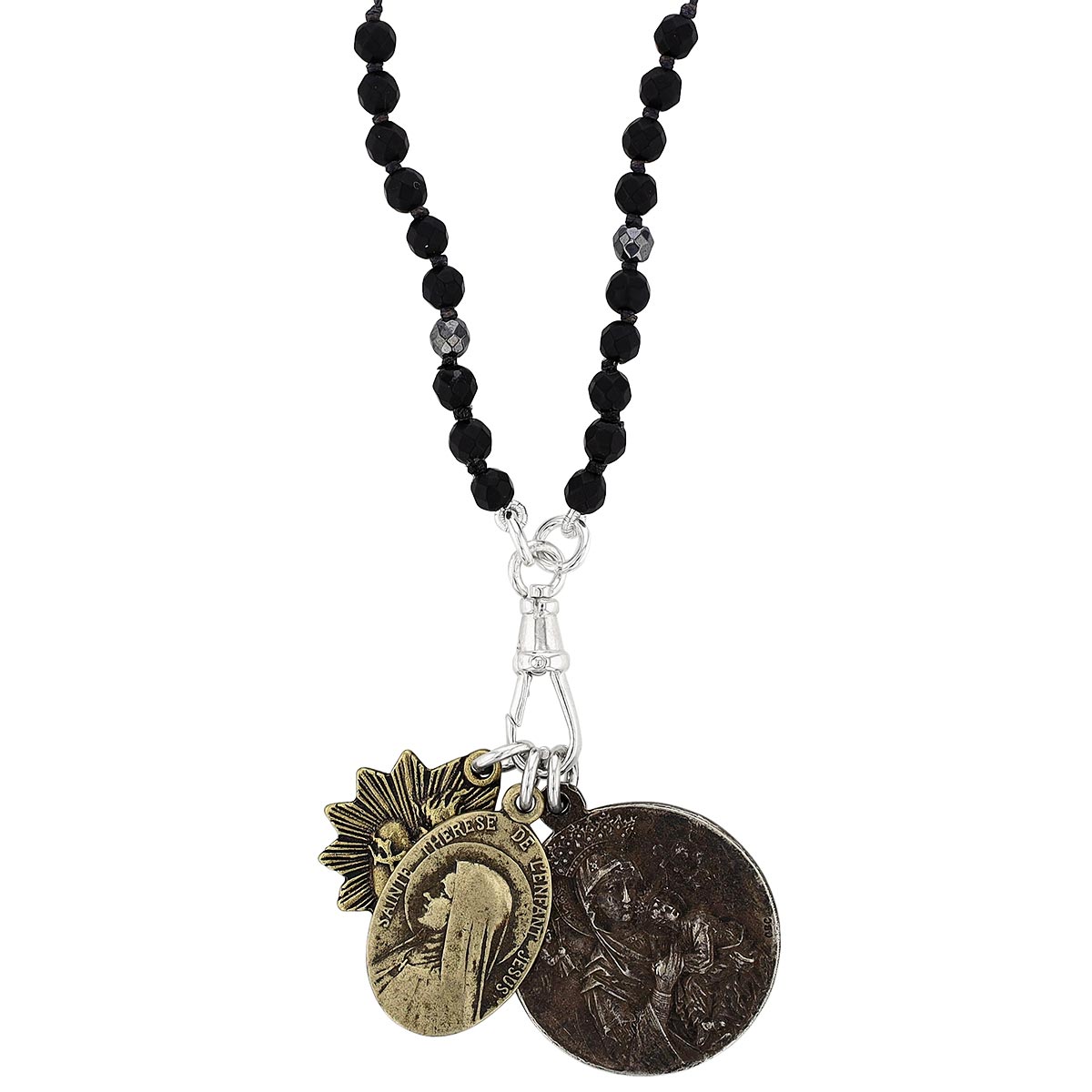 Miracle Icons by Mary Jo Pane Matte Onyx and Hematite Rosary Necklace