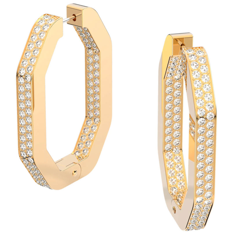 Swarovski Dextera Octagonal Full Pave Large White and Gold Tone Hoop Earrings