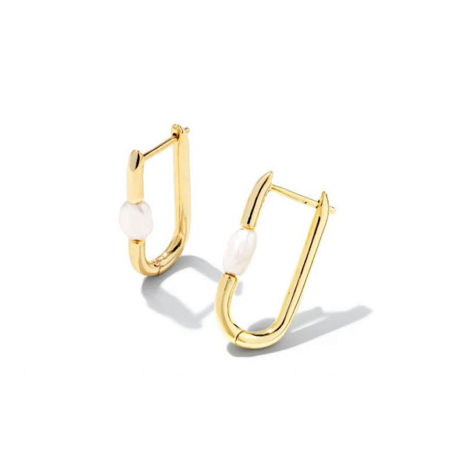 Kendra Scott Lindsay Gold Tone Huggie Earrings in White Pearl