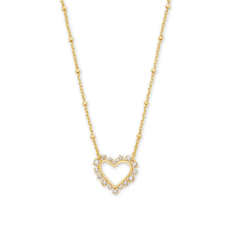 Kendra Scott Ari Heart Gold Tone Pendant Necklace in White Crystal