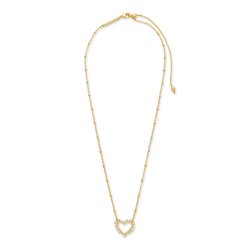Kendra Scott Ari Heart Gold Tone Pendant Necklace in White Crystal