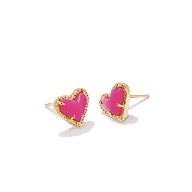 Kendra Scott Ari Heart Gold Tone Stud Earrings in Neon Pink Magnesite