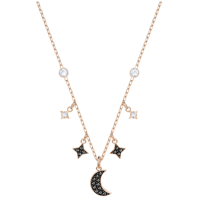 Swarovski Symbolic Moon and Star Necklace, Black and Rose Gold Tone Plated