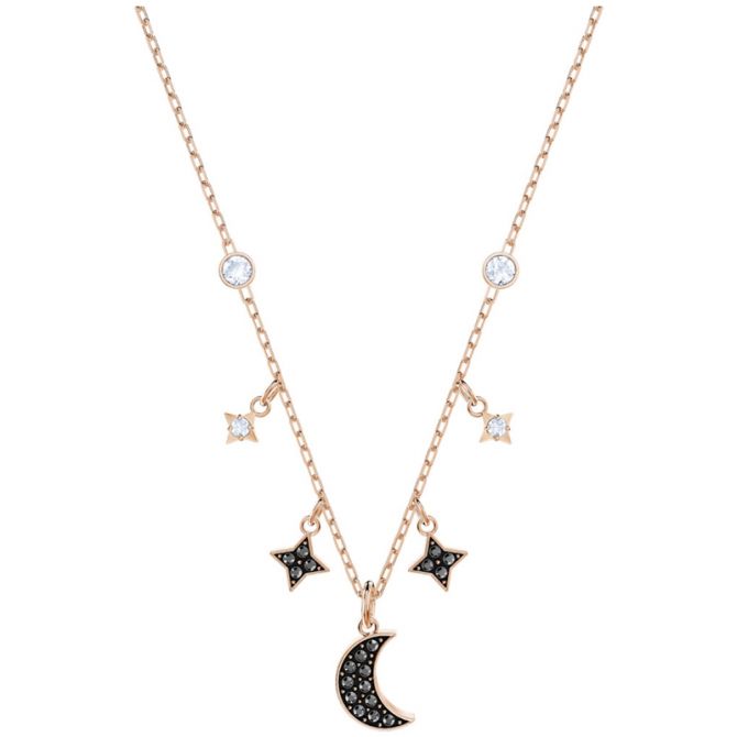 Swarovski Symbolic Moon and Star Necklace, Black and Rose Gold Tone Plated