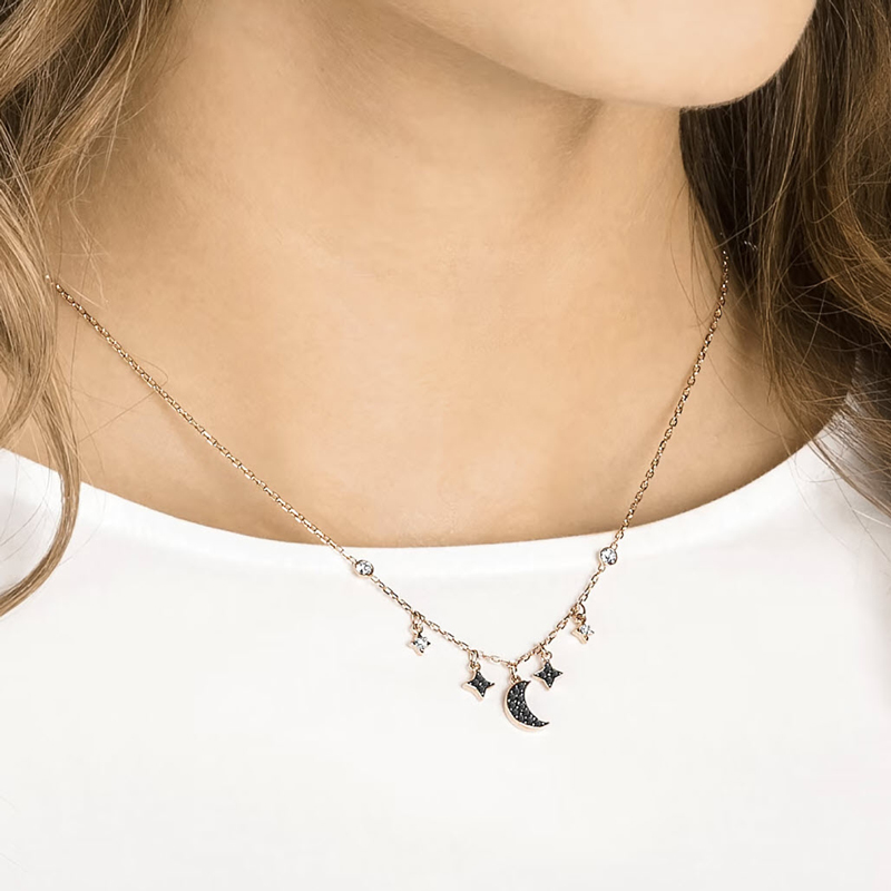 Swarovski Symbolic Moon and Star Necklace, Black and Rose Gold Tone Plated