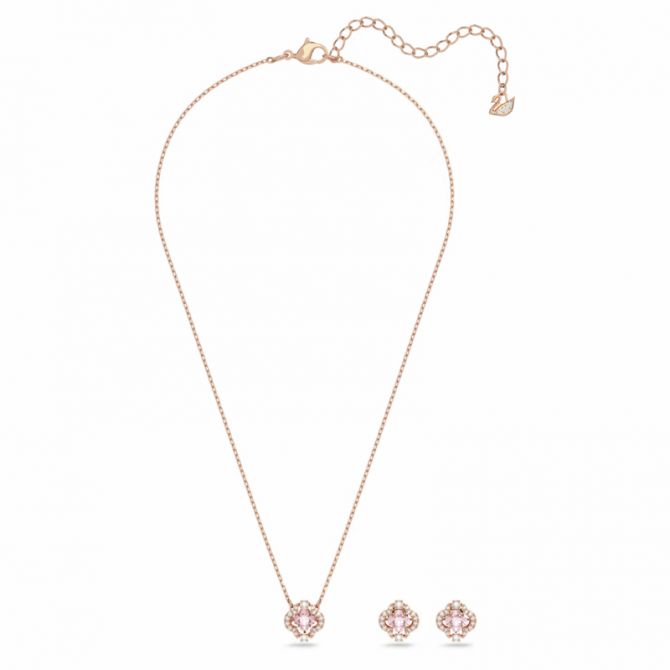 Swarovski Mixed Cuts Clover Sparkling Dance Pendant and Stud Set, Pink and Rose Gold Tone Plated