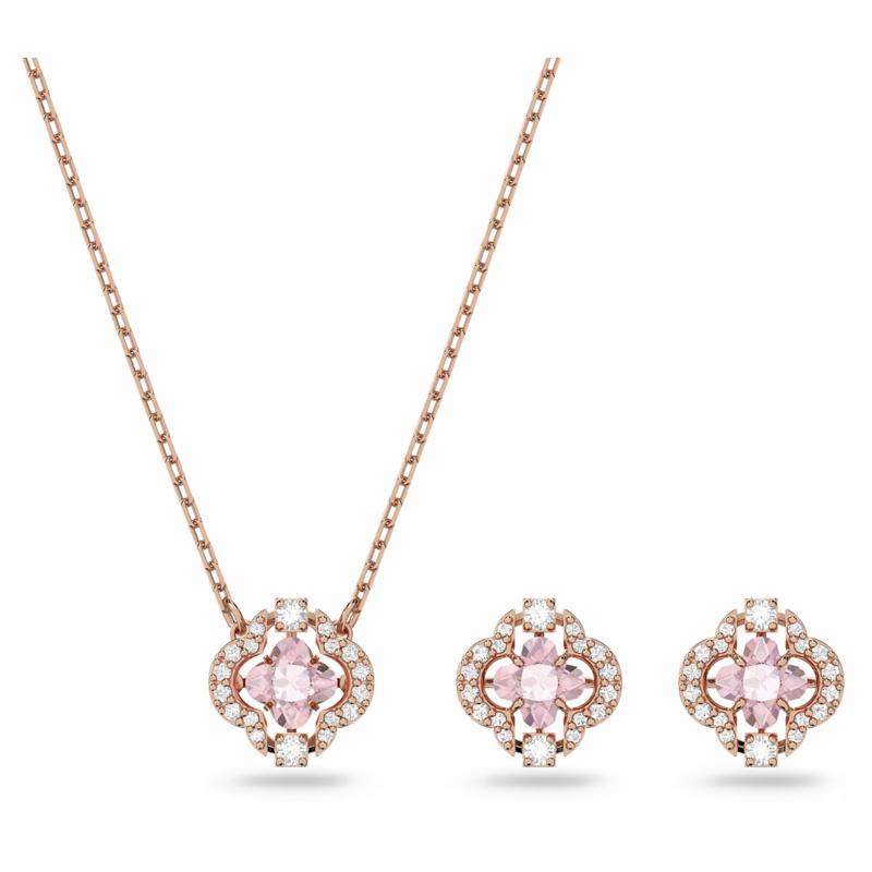 Swarovski Mixed Cuts Clover Sparkling Dance Pendant and Stud Set, Pink and Rose Gold Tone Plated