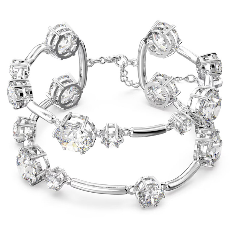 Swarvoski Constella Round Cut Double Bangle, White and Rhodium Plated ...